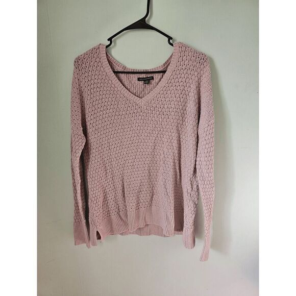 Women's American Eagle Pink Textured Knit V-Neck Long Sleeve Sweater size Large - Picture 1 of 6